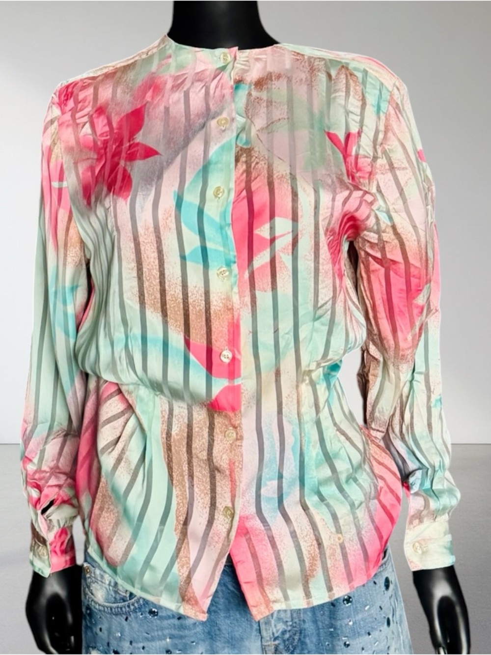 Tess Vintage Button Down Blouse Abstract Floral Print Medium Cinch Waist